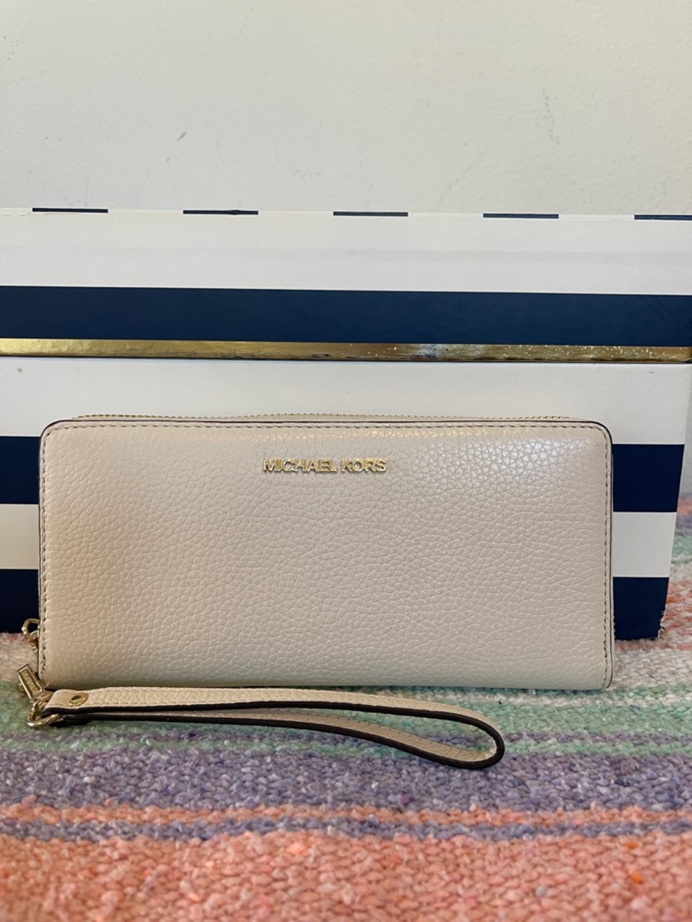 Michael Kors Cream Pebbled Leather Zip-Around Wristlet
